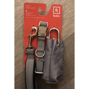 Reddy Gray Jacquard Dog Collar, Small 9-14 inch, Leash & Waste Bag Holder New